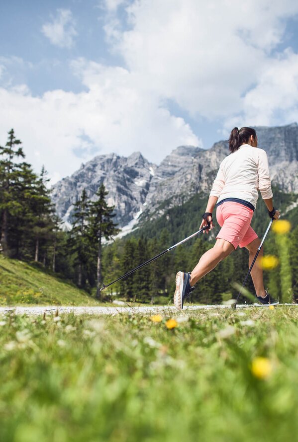 Frau beim Nordic Walking vor Bergkulisse