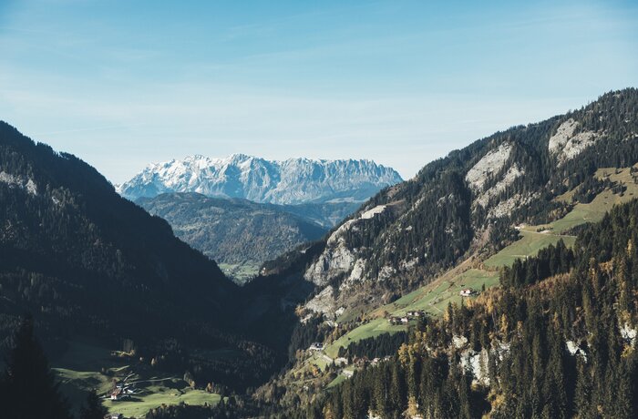 Berglandschaft mit bewaldeten Hängen und schneebedeckten Gipfeln unter blauem Himmel