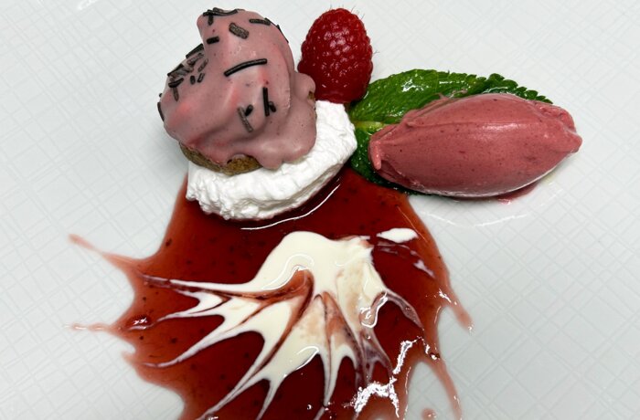 Dessertteller mit rosa Eis, Himbeere, Minze und roter Soße