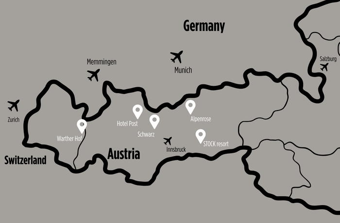 A stylized map shows locations in Austria as well as nearby airports in Germany and Switzerland.