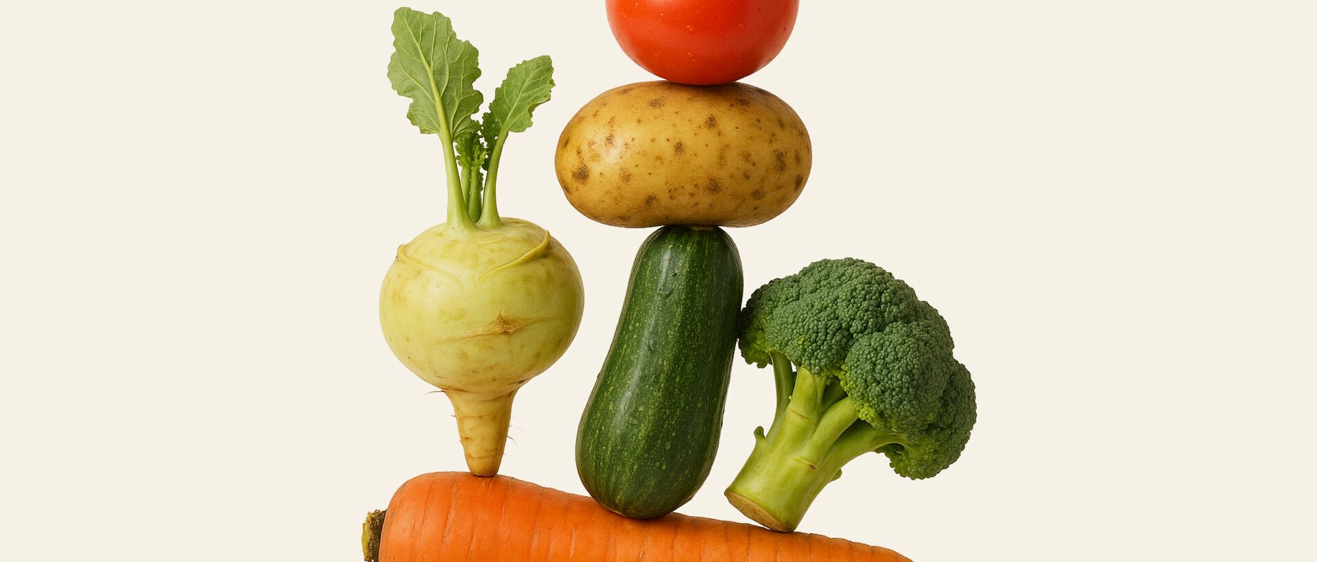 Balanced stack of fresh vegetables on a light background