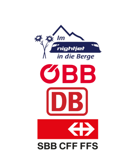 Logos von Bahnunternehmen: Nightjet, ÖBB, DB, SBB CFF FFS