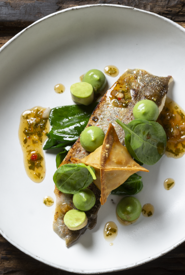 Kreativ angerichtetes Gourmetgericht mit frischen Zutaten und modernem Fine-Dining-Stil.