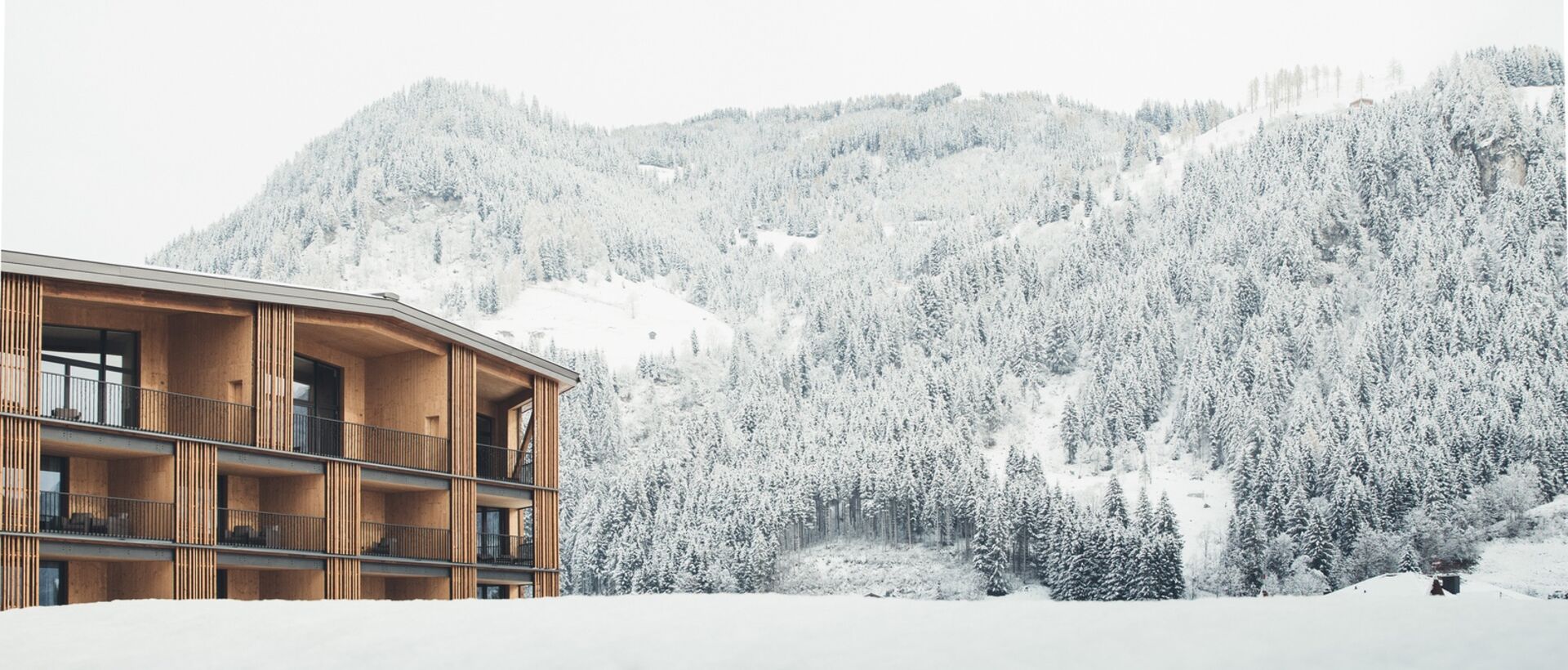Hotel Nesslerhof vor verschneiter Berglandschaft im Winter