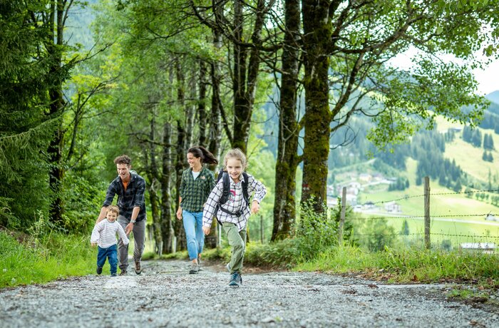 Familie wandert auf einem steinigen Pfad bergab, Kind rennt voraus