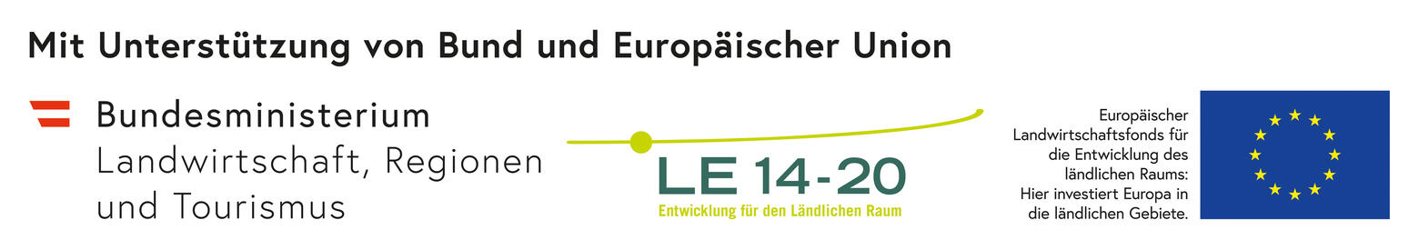 ELER-Logo mit gelber Linie und Text "LE 14-20 Entwicklung für den ländlichen Raum"