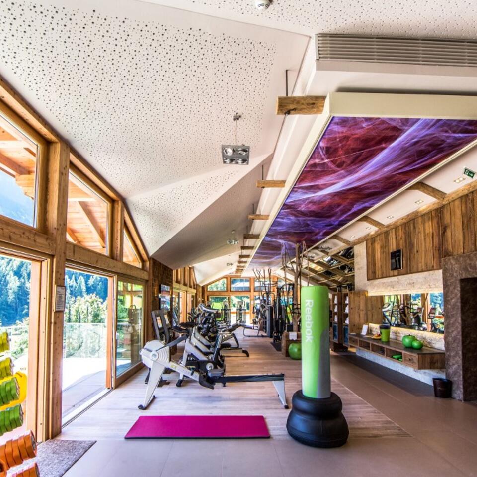 Helles Fitnessstudio mit Holzverkleidung, Trainingsgeräten und Blick auf grüne Landschaft